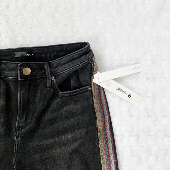 NWT-AQUA Glitter Side Striped Black Frayed Jeans - Picture 5 of 12